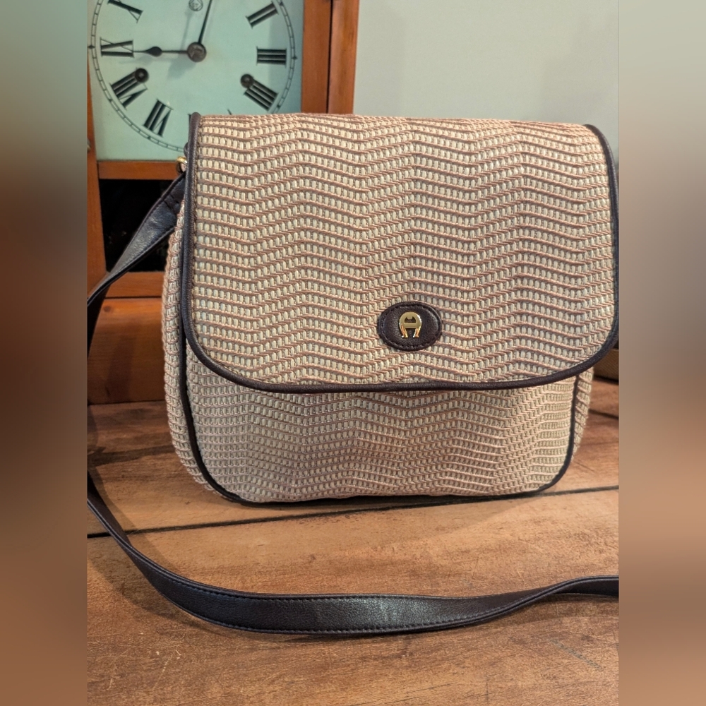 Vintage Etienne Aigner Woven Crossbody Bag Brown Leather Trim